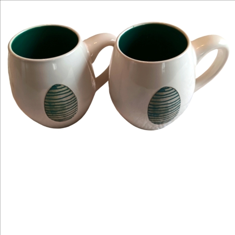 Rae Dunn‎ Happy Easter Coffee Mug Green Striped Egg Artisan Collection Set Of 2